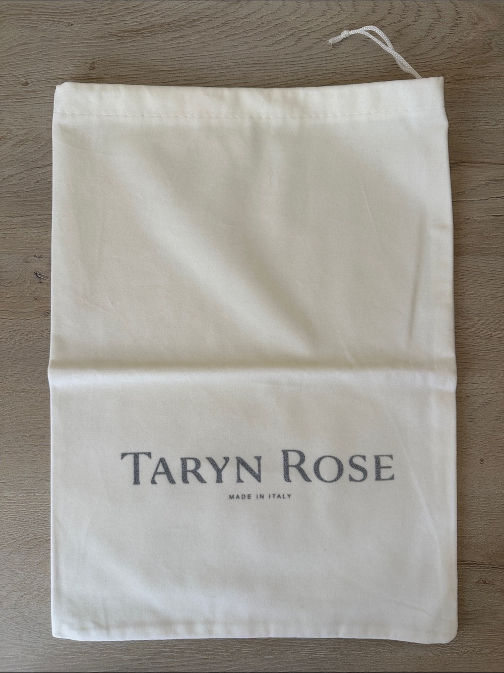 Taryn Rose White Suede Drawstring Dust Bag with Gray Logo